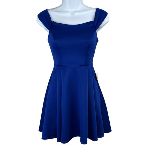 Teeze Me Royal Blue Off The Shoulder Pleated Fit & Flare Dress XS Junior 1 NWT - Picture 2 of 15